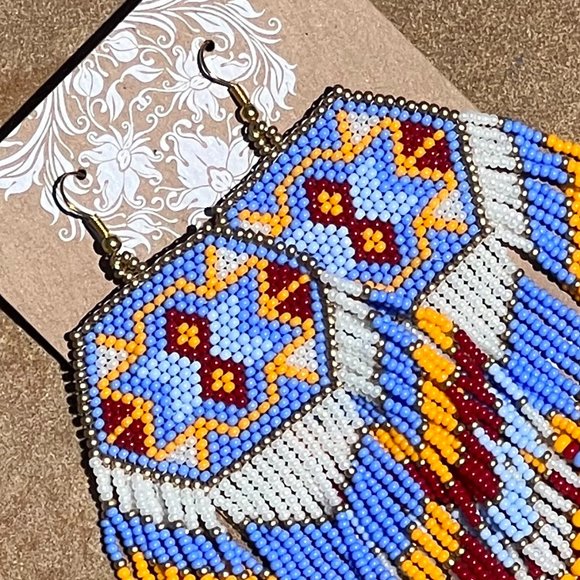 Aztec Style Artisan Beaded Earrings Southwest Long Fringe Tassel Dangle Drops - Picture 4 of 7